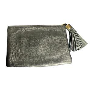 G.I.L.I. Black Leather Tassel Clutch Bag Zip Pouch Silver Pebbled Leather